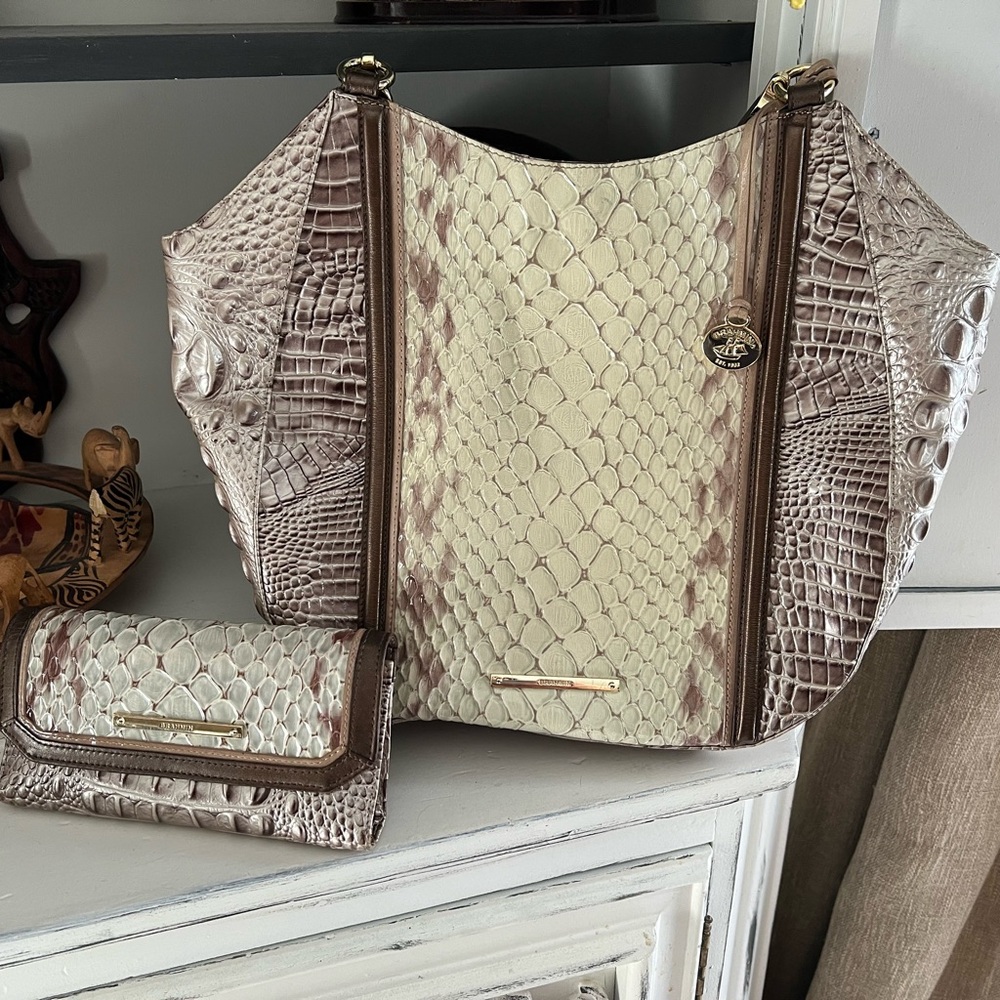 Brahmin Cream and Brown Shoulder Bag with Textured Design